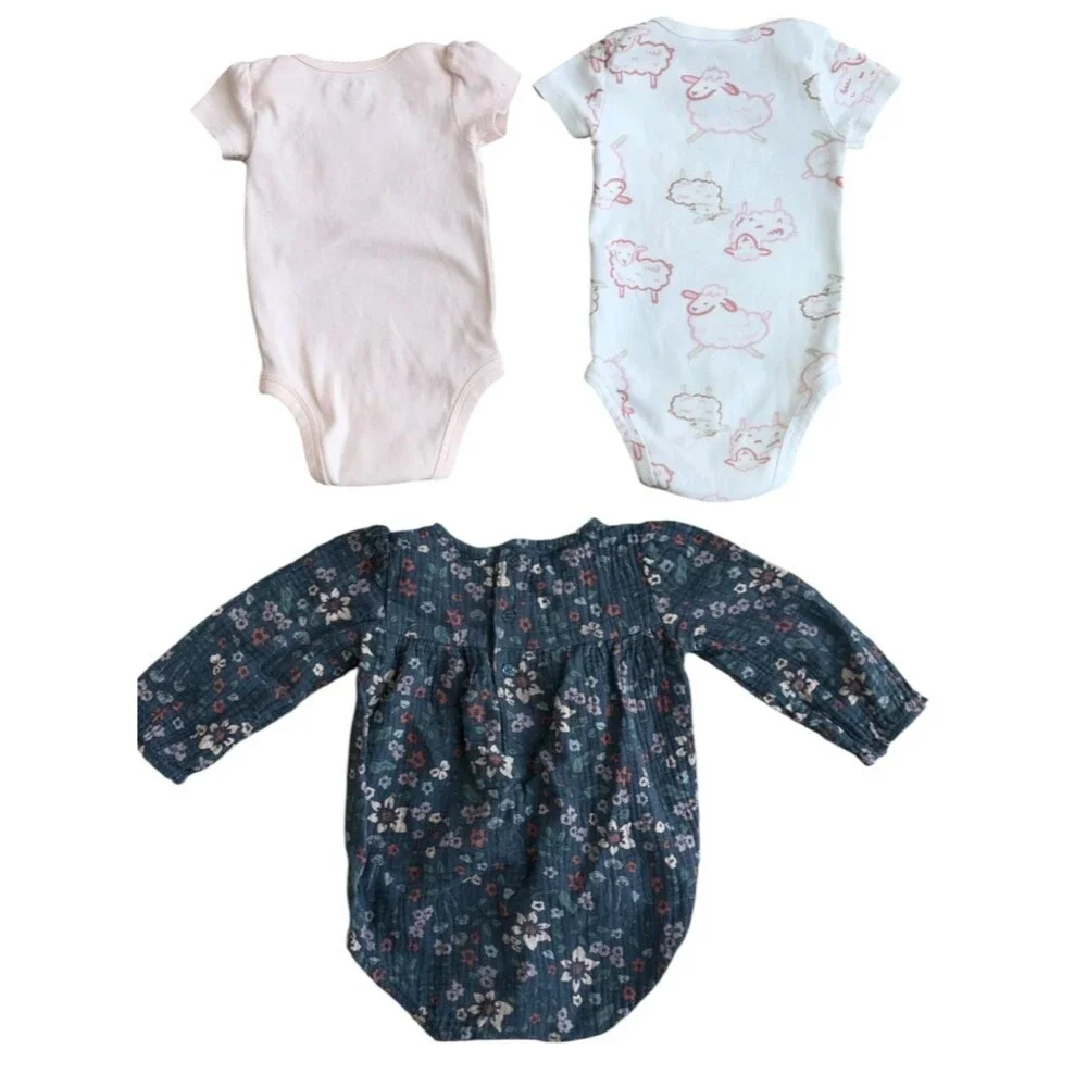 Carter’s Baby Girls BUNDLE OF 3 ASSORTED SIZES One Piece Bodysuits. 3, 6, 12 Mo.